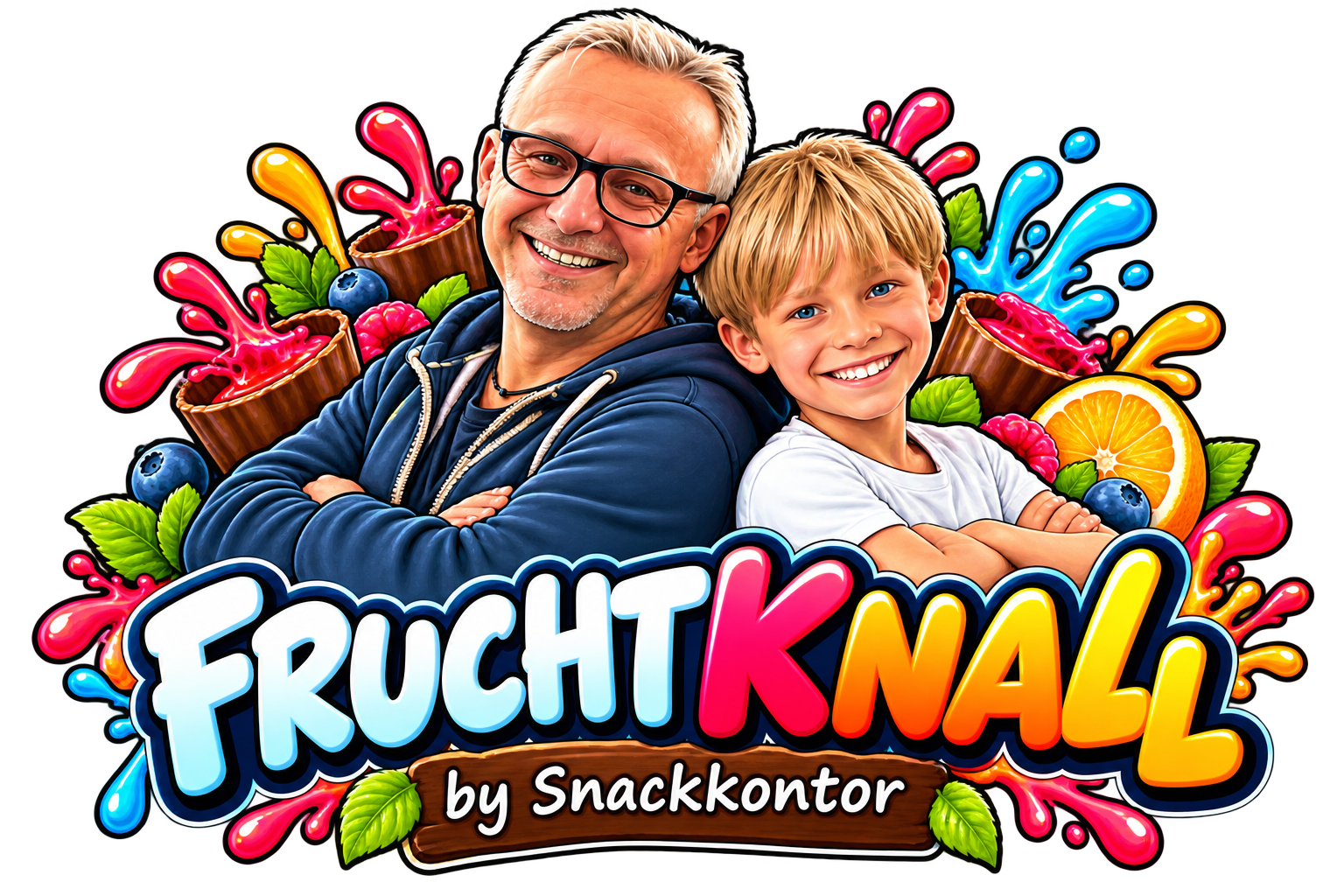 Fruchtknall by Snackkontor: Lukas und Theo als Comicfiguren mit Früchten und Schokobechern